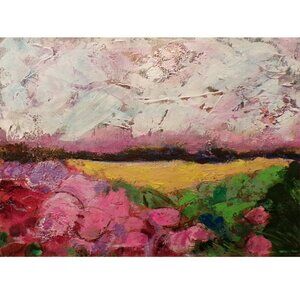 Original Textured Abstract Landscape Painting Crimson Meadow